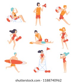 Lifeguards on duty set, male and female professional rescuer character working on the beach vector Illustration on a white background