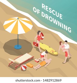 Lifeguards saving drowning people and providing medical assistance on beach 3d isometric vector illustration