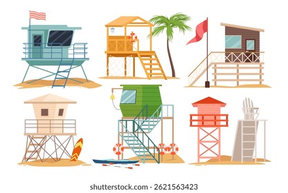 Lifeguards wooden towers set. Beach huts with emergency equipment and window, chair for monitoring people swimming, seaside houses station with lifebuoy and surfboard cartoon vector illustration