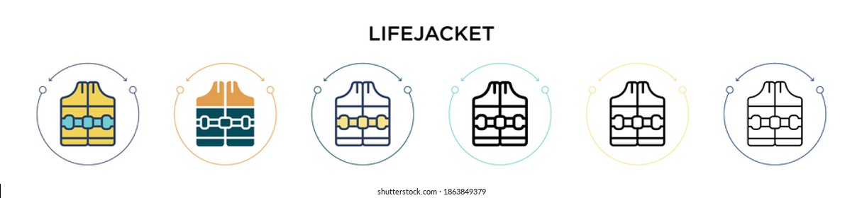 Lifejacket icon in filled, thin line, outline and stroke style. Vector illustration of two colored and black lifejacket vector icons designs can be used for mobile, ui, web