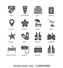 Lifejacket, Starfish, Tickets, Sun protection, Mountains, Ticket, Briefcase icon 16 set EPS 10 vector format. Icons optimized for both large and small resolutions.