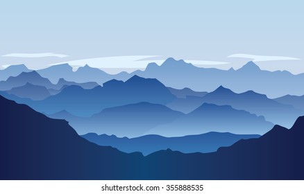 Lifeless landscape with huge mountains over sun. Vector panorama 