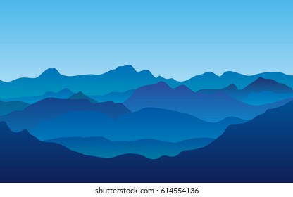 Lifeless landscape with huge mountains over sun. Vector panorama