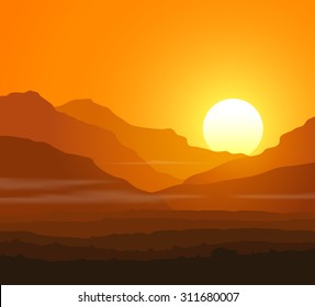 Lifeless landscape with huge mountains at sunset. Vector 