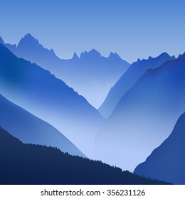 Lifeless landscape with huge mountains. Vector panorama at daybreak or sunset.