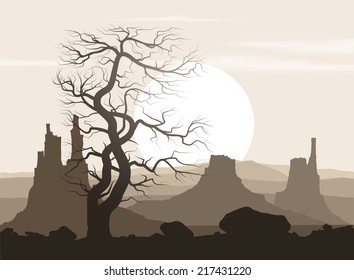 Lifeless landscape with old huge tree and mountains over sunset. Vector illustration. 