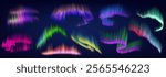 Lifelike aurora borealis casting vibrant colors across night sky realistic color icons set. Enchanting 3d objects bundle on transparent background
