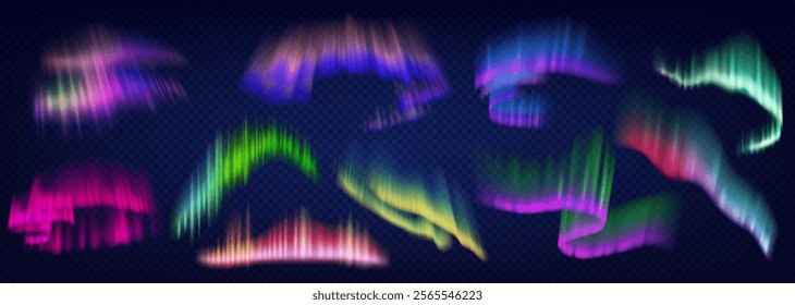 Lifelike aurora borealis casting vibrant colors across night sky realistic color icons set. Enchanting 3d objects bundle on transparent background