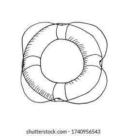 Lifeline circle with rope isolated on white background. Life preserver with stripe for saving life in the sea ocean or for people who can't swim. Vector hand drawn illustration in sketch doodle style
