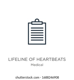 Lifeline of heartbeats on a paper on a clipboard icon. Thin linear lifeline of heartbeats on a paper on a clipboard outline icon isolated on white background from medical collection. Line vector sign,