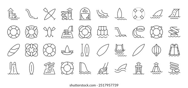 Lifeline and Water Slide Pack of Thin Icons. Editable Stroke. Suitable for Web Sites, Books, Cards, Apps 