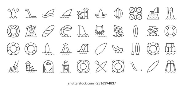 Lifeline and Water Slide Simple Isolated Line Icons Collection. Editable Stroke. Suitable for Web Sites, Books, Cards, Apps