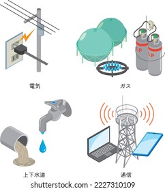 Conjunto de ilustraciones relacionadas con la vida / Los personajes de la ilustración significan electricidad, gas, agua y comunicación del agua en japonés.