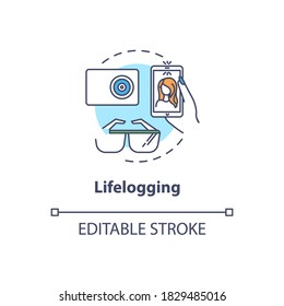 Lifelogging concept icon. Biohacking, video blogging idea thin line illustration. Streaming culture, recording and sharing video logs. Vector isolated outline RGB color drawing. Editable stroke
