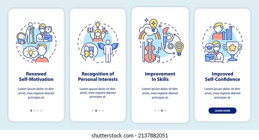 Lifelong learning benefits onboarding mobile app screen. Walkthrough 4 steps graphic instructions pages with linear concepts. UI, UX, GUI template. Myriad Pro-Bold, Regular fonts used