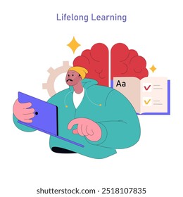 Lifelong Learning concept. An adult engaged in continuous education with digital tablet and symbolic imagery of brain and checklist. Vector illustration.