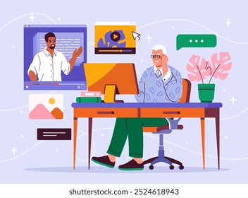 Lifelong learning concept. Elderly man with glasses sits at computer and watches online lecture. Retired man with education and learning. Flat vector illustration isolated on violet background