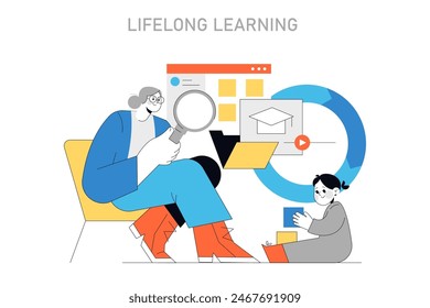 Lifelong Learning concept. Exploring new horizons through education, from childhood to adulthood. Continuous development journey. Vector illustration.