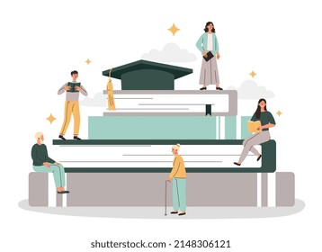 Lifelong learning concept. People at different ages next to stack of books, education and self development. Students and workers, grandparents and guy with girl. Cartoon flat vector illustration