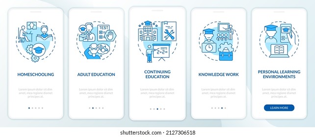 Lifelong learning contexts blue onboarding mobile app screen. Walkthrough 5 steps graphic instructions pages with linear concepts. UI, UX, GUI template. Myriad Pro-Bold, Regular fonts used