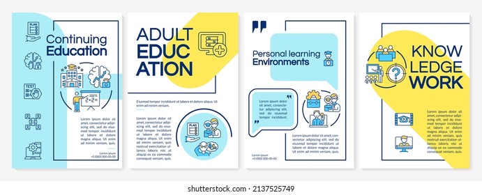 Lifelong learning contexts blue and yellow brochure template. Ongoing education. Leaflet design with linear icons. 4 vector layouts for presentation, annual reports. Questrial, Lato-Regular fonts used