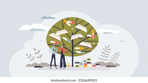 Lifelong learning and continuing academic development tiny person concept. Education and knowledge growth as symbolic wisdom book tree vector illustration. Expand your personal skills potential.