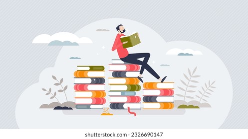 Lifelong learning and continuing academic development tiny person concept. Read books for personal growth and mental skills potential vector illustration. Education boost for better qualification.