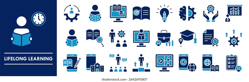 Conjunto de colecciones de iconos de aprendizaje permanente. Contiene educación en diseño, conocimiento, formación permanente, habilidades
