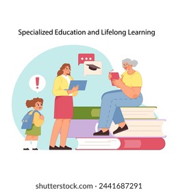 Lifelong learning journey. Individual at different life stages engaging in specialized education, highlighting continuous personal growth. Importance of studying process. Flat vector illustration