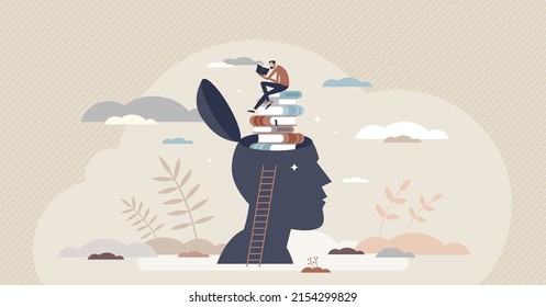 Lifelong Learning And Literature Reading For Education Tiny Person Concept. Personal Development And Experience Improvement With Never Stop Learning Mindset Vector Illustration. Stack Of Read Books.