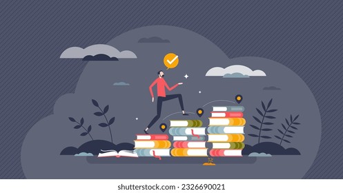 Lifelong learning process for personal development and growth tiny person concept. Academic knowledge improvement with book reading and successful continuing potential training vector illustration.