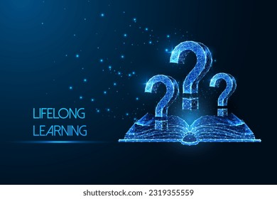 Lifelong learning, self education, knowledge acquisition futuristic concept with open book and question marks in glowing polygonal style on blue background. Modern abstract design vector illustration