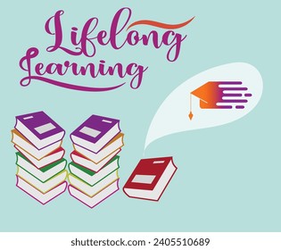 Lifelong learning, self education, knowledge acquisition futuristic concept with Graduation Hat icon with white background. Modern abstract design vector illustration