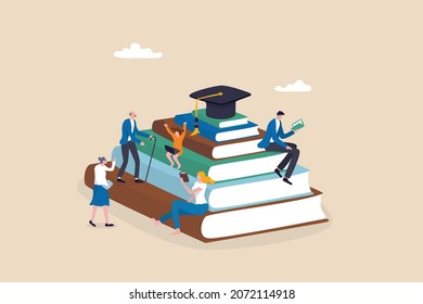 Lifelong learning, self study to motivate and improve skill development, continue learn new knowledge for life long concept, people in different age reading new books and study online on book stacked.