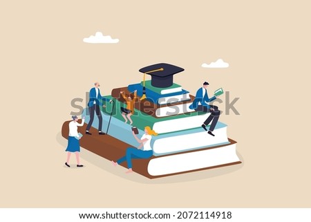 Lifelong learning, self study to motivate and improve skill development, continue learn new knowledge for life long concept, people in different age reading new books and study online on book stacked.