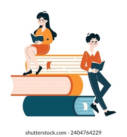 Lifelong learning set. Business professionals engaged in continuous education, reading books atop a stack, enhancing skills and knowledge. Self-improvement and career growth focus. Flat vector