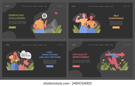 Lifelong learning set. Emphasizing continuous education, lifestyle enhancement, and managing self-expectations. Nurturing wisdom, striving for better, embracing efforts. Flat vector illustration