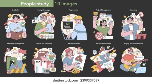 Lifelong learning and skill development set. Diverse people engaged in education from soft skills to musical talent. Flat vector illustration.
