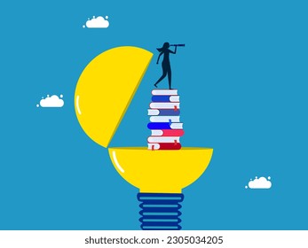 Lifelong learning and vision. woman with binoculars standing on stack of books in light bulb