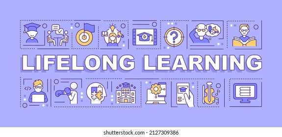 Lifelong learning word concepts purple banner. Ongoing education. Infographics with icons on color background. Isolated typography. Vector illustration with text. Arial-Black font used