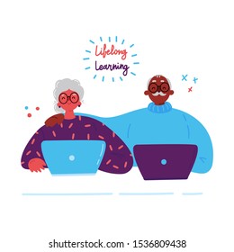 Lifelong Learning,senior Education.Older Couple Studying With A Laptop.Ability To Learn In Each Human Age.Senior People Attending Courses.Male And Female Student At The Table.Vector Illustration