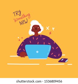 Lifelong learning,senior education.Older woman studying with a laptop.Ability to learn in each human age.Senior woman attending courses.Female African American student at the table.Vector illustration