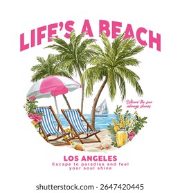 Life's beach, summer vibes t-shirt artwork. Palm tree, chare graphic print design. Enjoy summer time vector illustration, for t-shirt graphic.