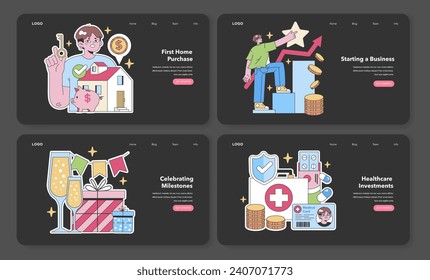 Life's Moments set. Financial steps for home buying, entrepreneurial ventures, celebrations, and health investments. Strategic saving and spending. Flat vector illustration