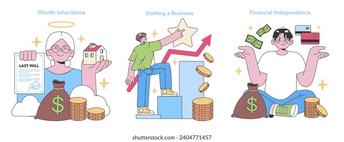 Life's Moments trio. Navigating inheritance, launching businesses, achieving financial freedom. Legacy, entrepreneurship, and autonomy visualized. Flat vector illustration