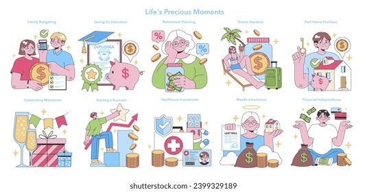 Life's Precious Moments set. Financial planning for education, retirement, vacation, and milestones. Investment in health, business, and independence. Flat vector illustration