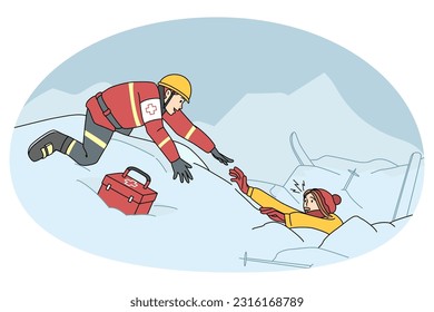 Lifesaver helping skier buried in avalanche after severe snowstorm. Rescuer find people in snow at ski resort. Lifesaving and rescuing operation. Flat vector illustration.