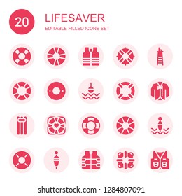 lifesaver icon set. Collection of 20 filled lifesaver icons included Lifesaver, Vest, Lifeguard, Float, Buoy, Floating, Lifebuoy