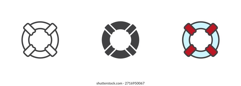 Lifesaver Rettungsring verschiedenen Stil Symbol-Set. Linie, durchgezogene und gefüllte Umrisse buntes Symbol, Vektorzeichen und Symbol. Sicherheits-Lebensretter-Symbol für den Sommerstrand.
