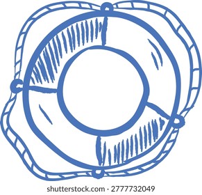 Lifesaver ring with rope and panel details in rough hand-drawn linework. Symbol of safety, rescue, and protection for marine travel and boating. Cartoon vector illustration.